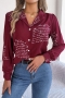 stylish non-stretch letter batch print 3 colors suit collar long sleeve blouse_White_Rose Red