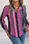 stylish non-stretch polka dot and stripe printing suit collar all-match blouse_Red_Magenta