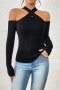 exquisite slight stretch ribbed knit solid color hollow sweater_Black
