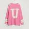 casual slight stretch contrast color letter ribbed knit crew neck sweater_Pink