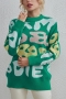 casual slight stretch letter jacquard ribbed knit contrast color sweater_Black_Green