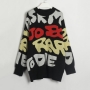 casual slight stretch letter jacquard ribbed knit contrast color sweater_Black