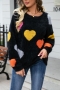 casual slight stretch heart graphic knitted 3 colors all-match fuzzy sweater_Black