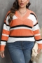 casual plus size slight stretch stripe knitted 7 colors v-neck all-match sweater_Gray_Orange