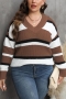 casual plus size slight stretch stripe knitted 7 colors v-neck all-match sweater_Gray_Orange_Aqua Green_Green_Sky Blue_Khaki _Brown