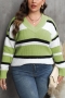 casual plus size slight stretch stripe knitted 7 colors v-neck all-match sweater_Gray_Orange_Aqua Green_Green