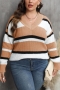 casual plus size slight stretch stripe knitted 7 colors v-neck all-match sweater_Gray_Orange_Aqua Green_Green_Sky Blue_Khaki