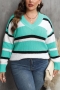 casual plus size slight stretch stripe knitted 7 colors v-neck all-match sweater_Gray_Orange_Aqua Green