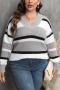 casual plus size slight stretch stripe knitted 7 colors v-neck all-match sweater_Gray