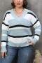 casual plus size slight stretch stripe knitted 7 colors v-neck all-match sweater_Gray_Orange_Aqua Green_Green_Sky Blue