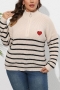casual plus size slight stretch stripe knitted heart applique zip-up sweater_Black_Gray_Rose Red_Yellow_Beige