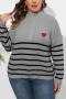 casual plus size slight stretch stripe knitted heart applique zip-up sweater_Black_Gray