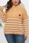 casual plus size slight stretch stripe knitted heart applique zip-up sweater_Black_Gray_Rose Red_Yellow