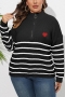 casual plus size slight stretch stripe knitted heart applique zip-up sweater_Black