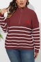 casual plus size slight stretch stripe knitted heart applique zip-up sweater_Black_Gray_Rose Red