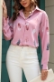 casual plus size slight stretch feather batch printing lapel blouses_Black_White_Pink