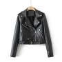 stylish non-stretch solid color zip-up pocket pu crop jacket size run small_Black