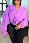 casual slight stretch solid color v-neck ruffle blouses_Black_White_Light Purple