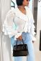 casual slight stretch solid color v-neck ruffle blouses_Black_White