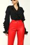 casual slight stretch solid color v-neck ruffle blouses_Black