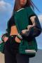 casual micro-elastic bone embroidery loose pu stitching baseball jacket_Black_Green