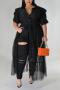 xl-5xl sexy plus-size slight stretch with belt stitching long mesh shirt top_Black