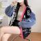 casual slight stretch contrast denim leopard jacquard knitted cardigan(size run small)_Black