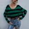 exquisite slight stretch hole stripe loose crop knit thin sweater_Green