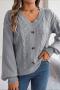 casual slight stretch twist knitted 5 colors v-neck button decor thin sweater_White_Gray