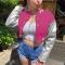 casual plus-size slight stretch letter embroidery pu jacket baseball uniform_Black_Pink_Red_Magenta