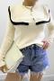 casual slight stretch ribbed knit contrast color ruffle crew neck sweaters_Black_White_Beige