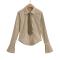 casual non-stretch stripe printing lapel with tie blouses size run small_Blue_Khaki 