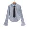 casual non-stretch stripe printing lapel with tie blouses size run small_Blue