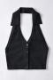sexy slight stretch knitted halter-neck button crop vest(size run small)_Black
