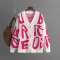 casual slight stretch loose letter jacquard knitted cardigan sweater_Black_Magenta