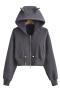 stylish slight stretch 3 colors hooded zip-up crop sweatshirt(size run small)_Black_Gray_Dark Gray