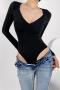 sexy slight stretch knitted 4 colors v-neck kink bodysuit(size run small)_Black