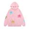 casual slight stretch star printing zip-up loose hooded sweatshirt_Black_White_Pink
