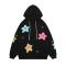 casual slight stretch star printing zip-up loose hooded sweatshirt_Black