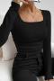exquisite slight stretch ribbed knit solid color square neck sweaters_Black