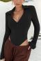 solid color stretch ribbed knit slim casual stylish bodysuit_Black