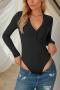 stylish solid color stretch v-neck buttons slim casual ribbed knit bodysuit_Black