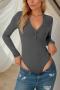 stylish solid color stretch v-neck buttons slim casual ribbed knit bodysuit_Black_White_Dark Gray