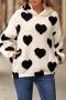 casual plus size slight stretch teddy fleece heart printing hooded sweatshirt_Black
