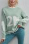casual slight stretch contrast color letter pattern crew neck sweaters_Gray_Green