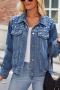 casual non-stretch solid color pearl crop denim jacket_Black_Blue