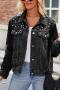 casual non-stretch solid color pearl crop denim jacket_Black