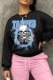 casual plus size slight stretch skull letter printing loose sweatshirt#1_Magenta_Sky Blue