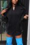 stylish plus size slight stretch knitted stitching drawstring sweater outerwear_Black
