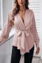 elegant non-stretch 3 colors v-neck blouse with belt_Light Pink
